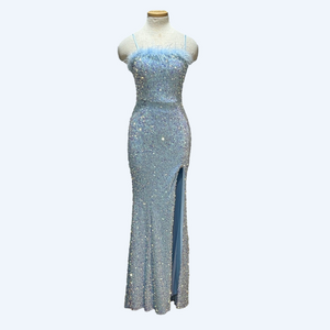 Midnight Doll sz 5 light blue sequin prom/formal dress w/feathered neckline NWT